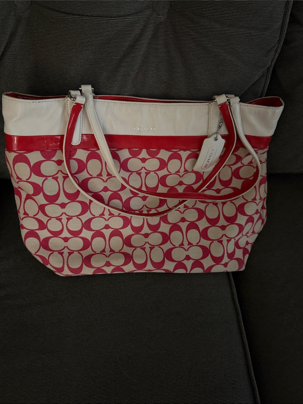 Coach Pink and White Signature Canvas Tote